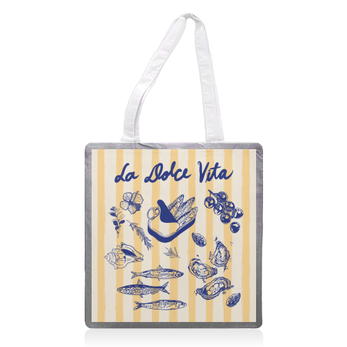 La Dolce Vita – Vintage Coastal Sardines & Seafood - printed canvas tote bag by EZbie