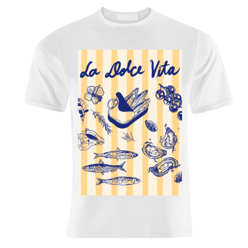 La Dolce Vita – Vintage Coastal Sardines & Seafood - unique t shirt by EZbie