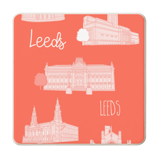 Leeds Architectural Illustration Pattern (Coral) - personalised beer coaster by Adam Regester