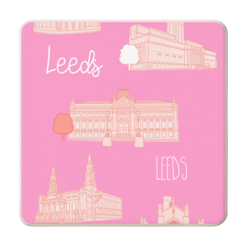 Leeds City Landmarks Pattern (Pink) - personalised beer coaster by Adam Regester