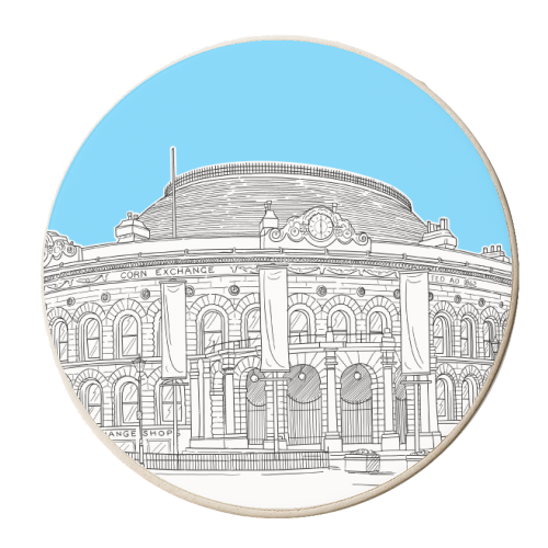 Leeds Corn Exchange Drawing (Pale Blue Background) - personalised beer coaster by Adam Regester