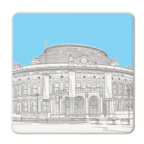 Leeds Corn Exchange Drawing (Pale Blue Background) - personalised beer coaster by Adam Regester