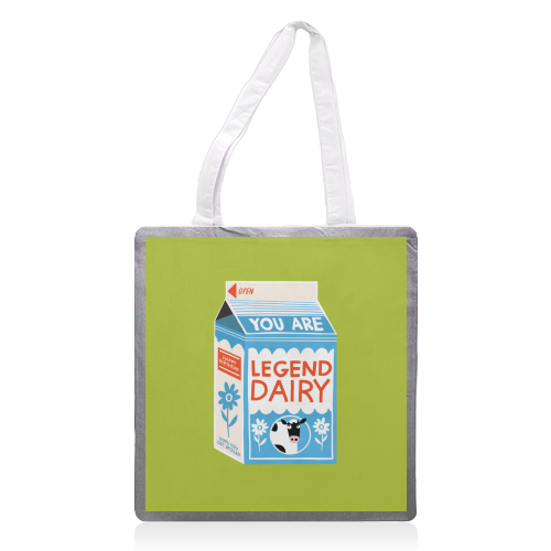 Legend Dairy Funny Milk Cow Design - printed canvas tote bag by AbiGoLucky