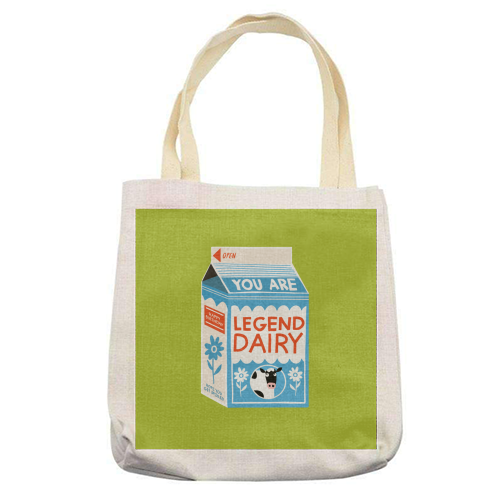 Legend Dairy Funny Milk Cow Design - printed canvas tote bag by AbiGoLucky
