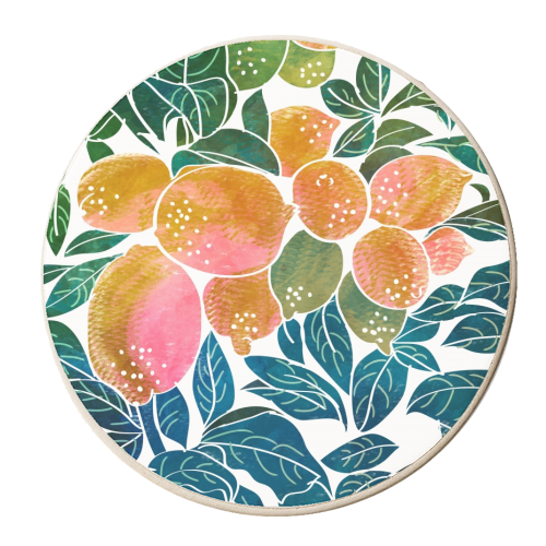 Lemons | Watercolor Modern Boho Botanical Painting | Pastel Summer Jungle Garden Juicy Fresh - personalised beer coaster by Uma Prabhakar Gokhale