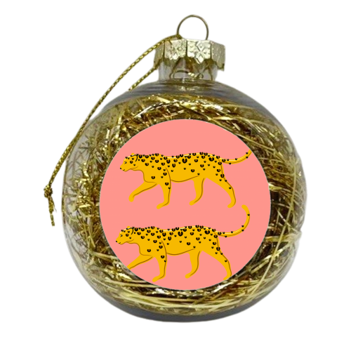 Leopard Pair ( coral background ) - xmas bauble by Adam Regester