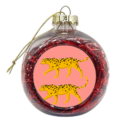 Leopard Pair ( coral background ) - xmas bauble by Adam Regester