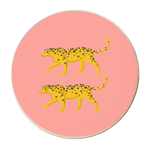 Leopard Pair ( coral background ) - personalised beer coaster by Adam Regester