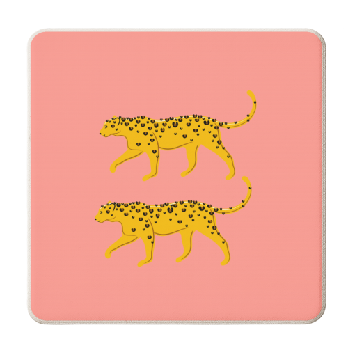 Leopard Pair ( coral background ) - personalised beer coaster by Adam Regester