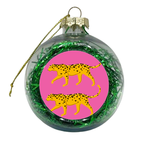 Leopard Pair ( pink background ) - xmas bauble by Adam Regester