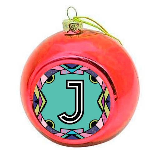 LETTER J - is for Jesticulating Jaguars wearing Jeggings Joyfully Jiving. - colourful christmas bauble by Mad Philomena