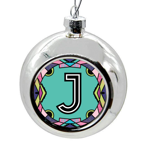 LETTER J - is for Jesticulating Jaguars wearing Jeggings Joyfully Jiving. - colourful christmas bauble by Mad Philomena