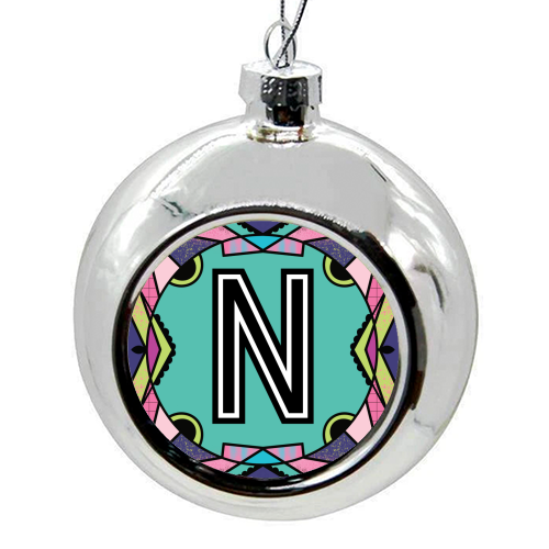 Letter N - is for Naughty Nocturnal Nymphs Nibbling Nutty Noodles - colourful christmas bauble by Mad Philomena