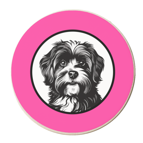 Lhasa Apso Cameo Dog Portrait (Bright Pink) - personalised beer coaster by Adam Regester