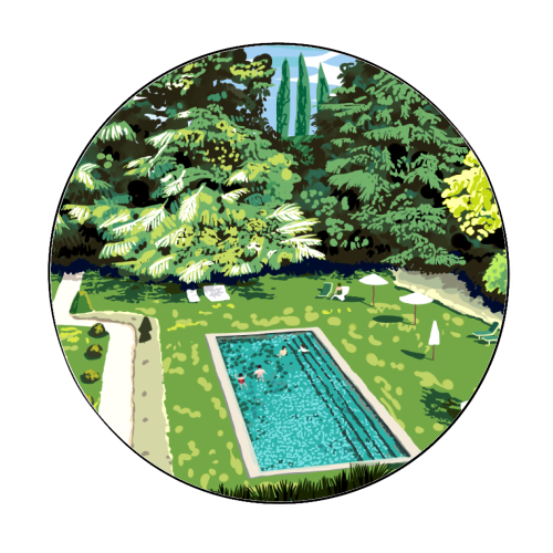 Life's Better Poolside | Vacation Travel Holiday Resort Swim | Architecture Summer Landscape - Circle Sticker by Uma Prabhakar Gokhale