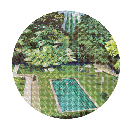 Life's Better Poolside | Vacation Travel Holiday Resort Swim | Architecture Summer Landscape - Circle Sticker by Uma Prabhakar Gokhale