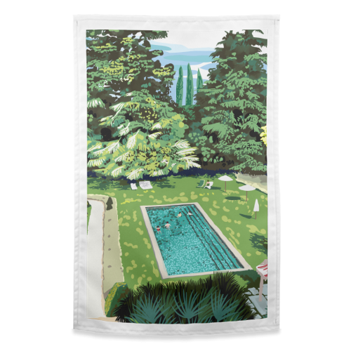 Life's Better Poolside | Vacation Travel Holiday Resort Swim | Architecture Summer Landscape - funny tea towel by Uma Prabhakar Gokhale
