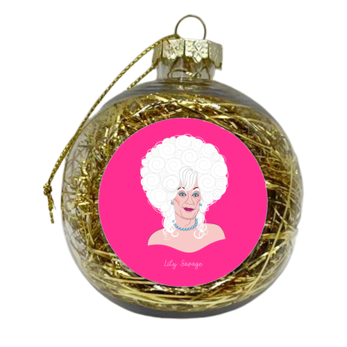Lily Savage Drag Queen  Portrait (Pink Version) - xmas bauble by Adam Regester