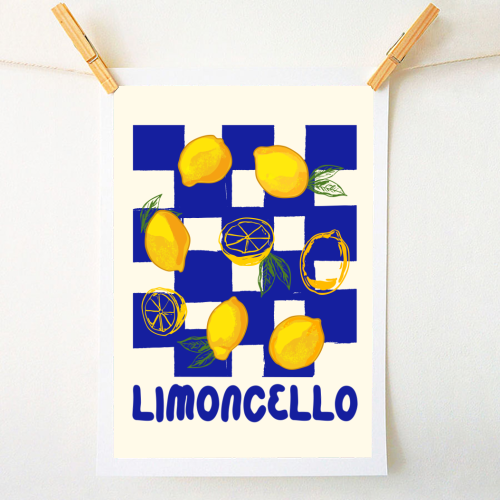 Limoncello Retro Blue Checkered Lemon - A1 - A4 art print by EZbie