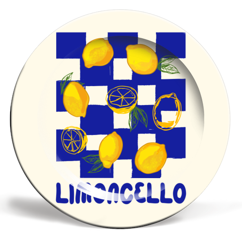 Limoncello Retro Blue Checkered Lemon - ceramic dinner plate by EZbie