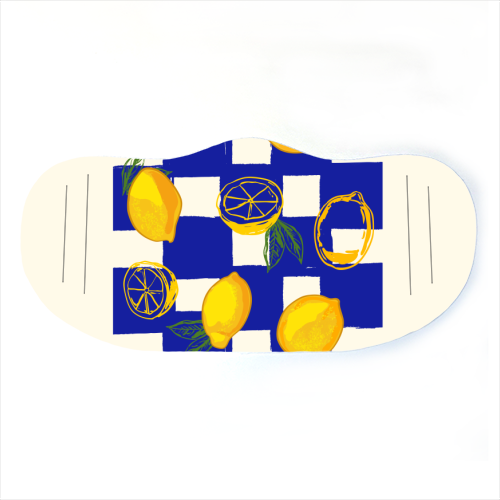 Limoncello Retro Blue Checkered Lemon - face cover mask by EZbie