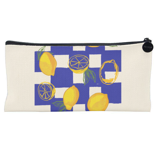 Limoncello Retro Blue Checkered Lemon - flat pencil case by EZbie