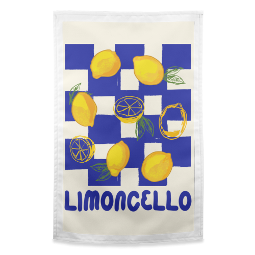 Limoncello Retro Blue Checkered Lemon - funny tea towel by EZbie