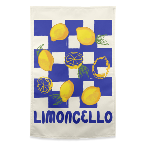 Limoncello Retro Blue Checkered Lemon - funny tea towel by EZbie