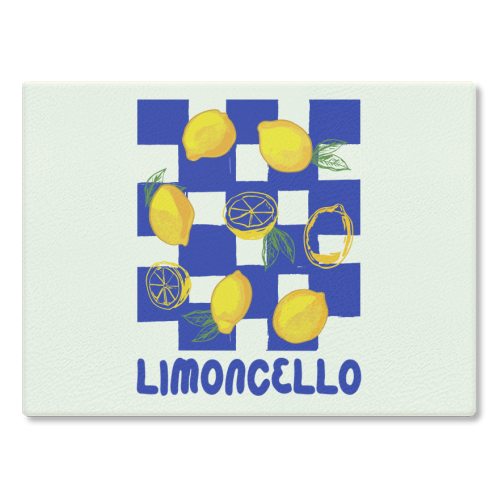 Limoncello Retro Blue Checkered Lemon - glass chopping board by EZbie