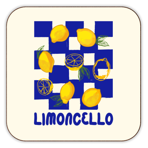 Limoncello Retro Blue Checkered Lemon - personalised beer coaster by EZbie