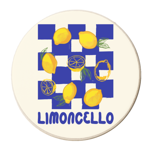 Limoncello Retro Blue Checkered Lemon - personalised beer coaster by EZbie