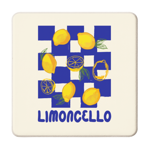 Limoncello Retro Blue Checkered Lemon - personalised beer coaster by EZbie