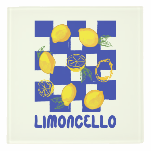Limoncello Retro Blue Checkered Lemon - personalised beer coaster by EZbie