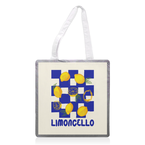 Limoncello Retro Blue Checkered Lemon - printed canvas tote bag by EZbie
