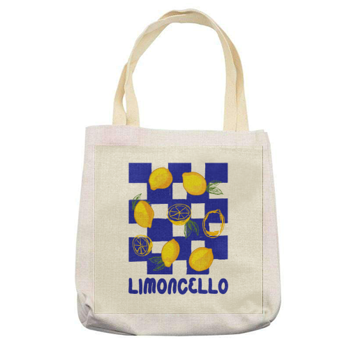 Limoncello Retro Blue Checkered Lemon - printed canvas tote bag by EZbie