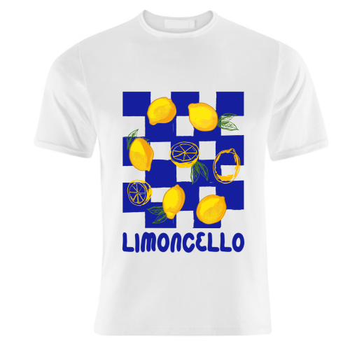 Limoncello Retro Blue Checkered Lemon - unique t shirt by EZbie