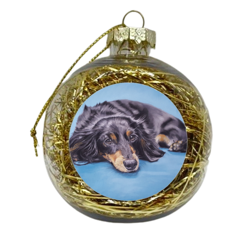 Dachshund - Little Dog on a Blue Chair - xmas bauble by Sarah Perry Fine Art