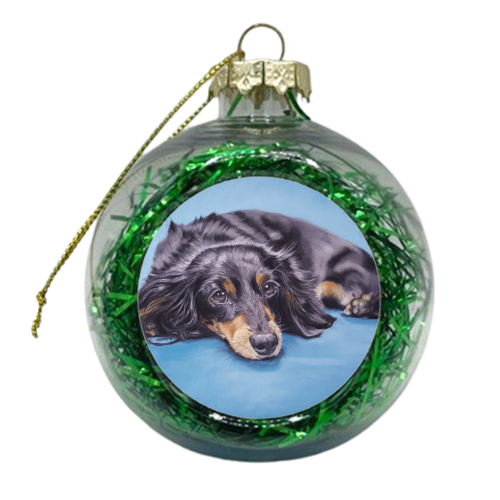 Dachshund - Little Dog on a Blue Chair - xmas bauble by Sarah Perry Fine Art