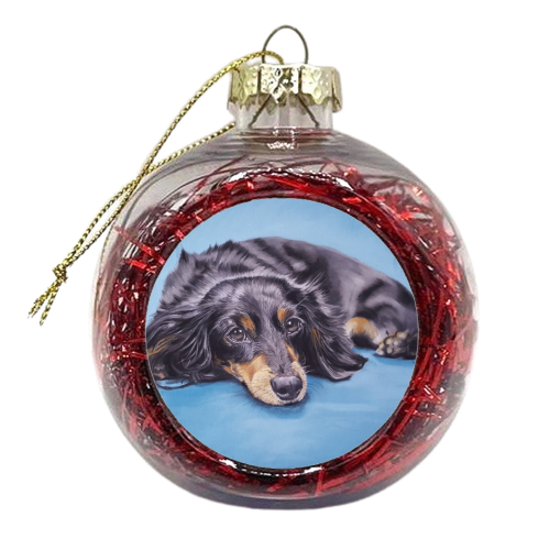 Dachshund - Little Dog on a Blue Chair - xmas bauble by Sarah Perry Fine Art