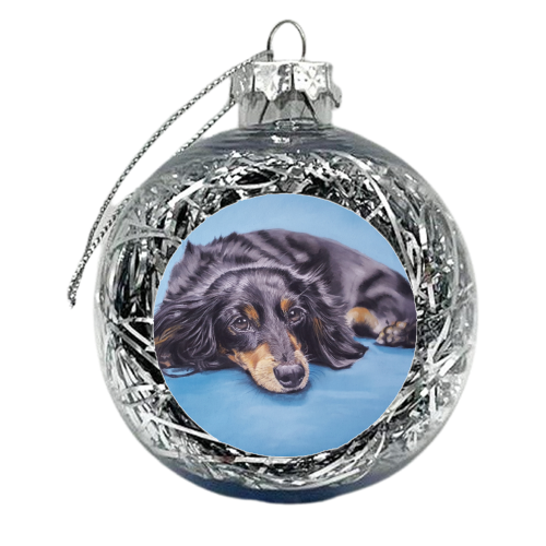 Dachshund - Little Dog on a Blue Chair - xmas bauble by Sarah Perry Fine Art