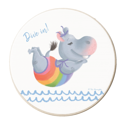 Little Rainbow Hippo Diving In - personalised beer coaster by Tina Macnaughton