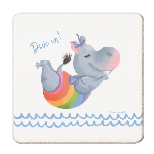 Little Rainbow Hippo Diving In - personalised beer coaster by Tina Macnaughton