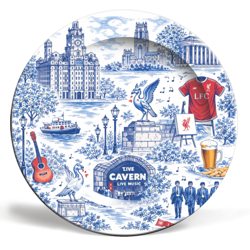 Liverpool Toile Blue - ceramic dinner plate by Ms Doodle