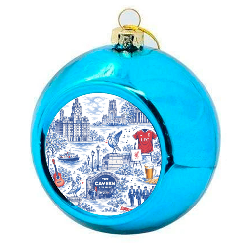 Liverpool Toile Blue - colourful christmas bauble by Ms Doodle