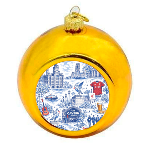 Liverpool Toile Blue - colourful christmas bauble by Ms Doodle