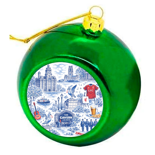 Liverpool Toile Blue - colourful christmas bauble by Ms Doodle
