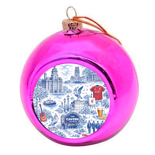 Liverpool Toile Blue - colourful christmas bauble by Ms Doodle