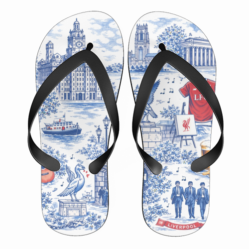 Liverpool Toile Blue - funny flip flops by Ms Doodle