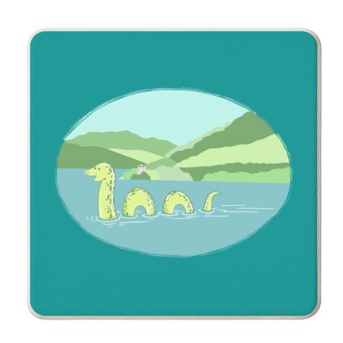 Loch Ness Landscape (Teal Background Version) - personalised beer coaster by Adam Regester