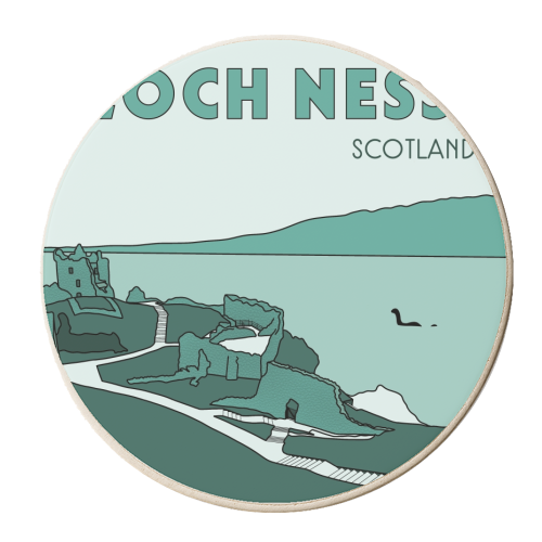 Loch Ness Scotland in teal - personalised beer coaster by The Girl Next Draw